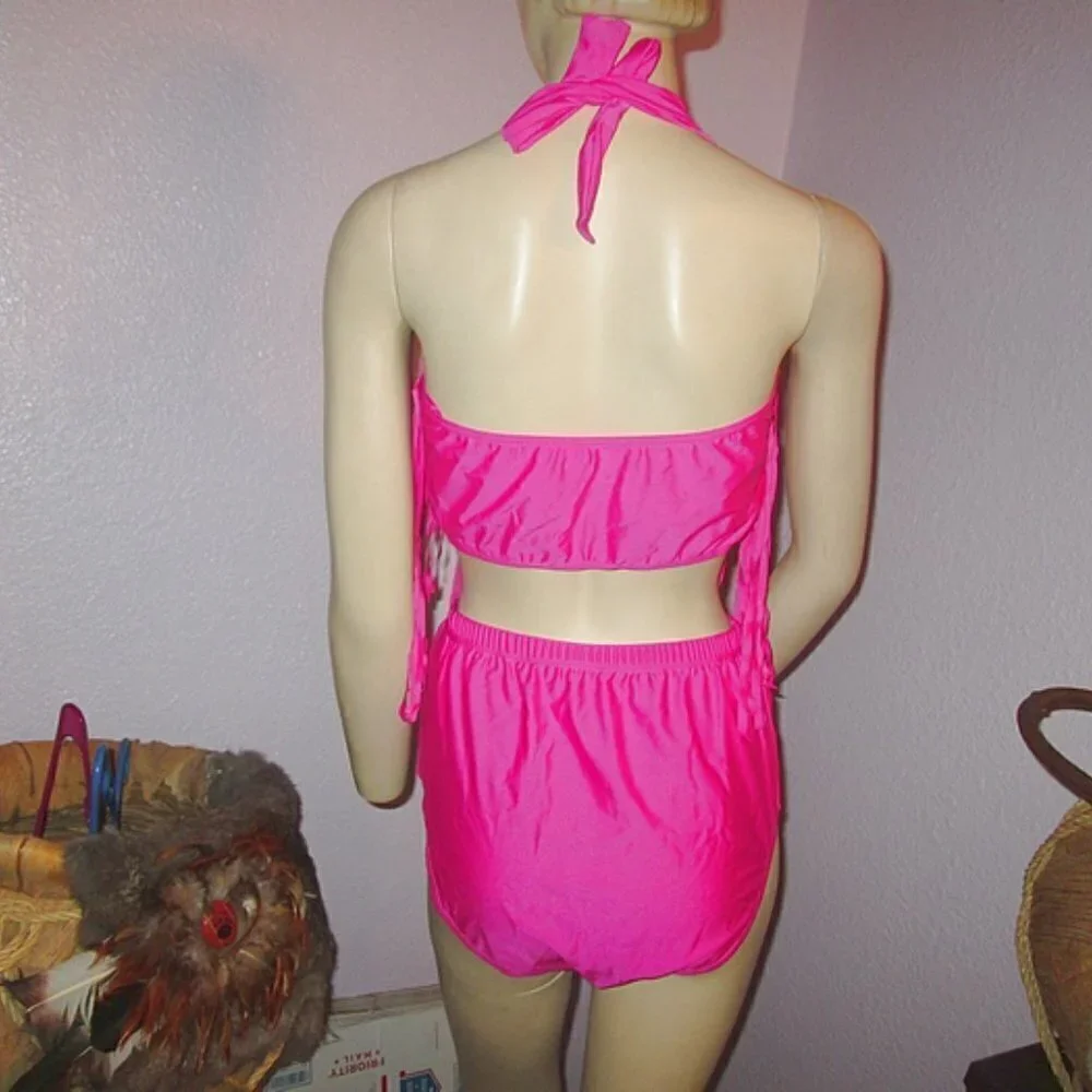 Hot Pink Bikini Size XXL High Waist 2 Piece Swimsuit Convertible Fringe Coquette